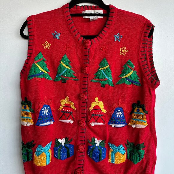Victoria Harbour Christmas Vest Bells Beading embroidery Red Women's Size L - Picture 1 of 4
